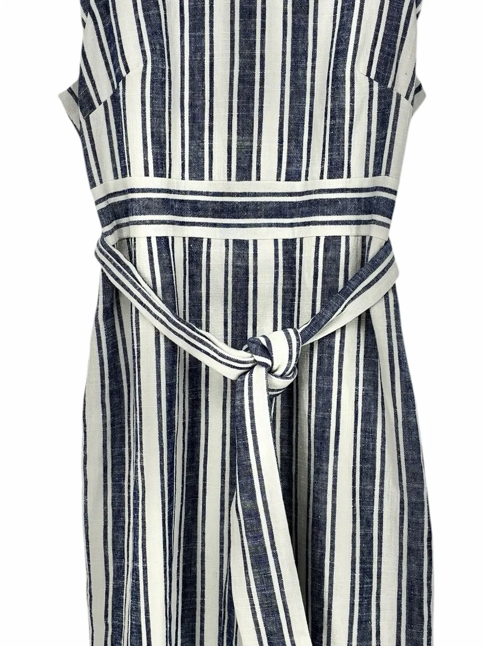 J.Crew Women’s Blue/White Striped Linen Blend Sleeveless Belted Dress - 16Tall